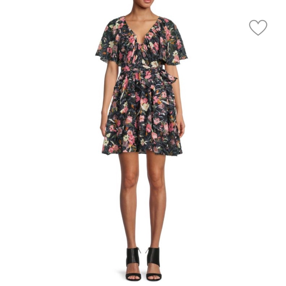 Tanya Taylor Mara Black Floral Print Mini Dress Flutter Sleeve V Neck Sz 10 NWT